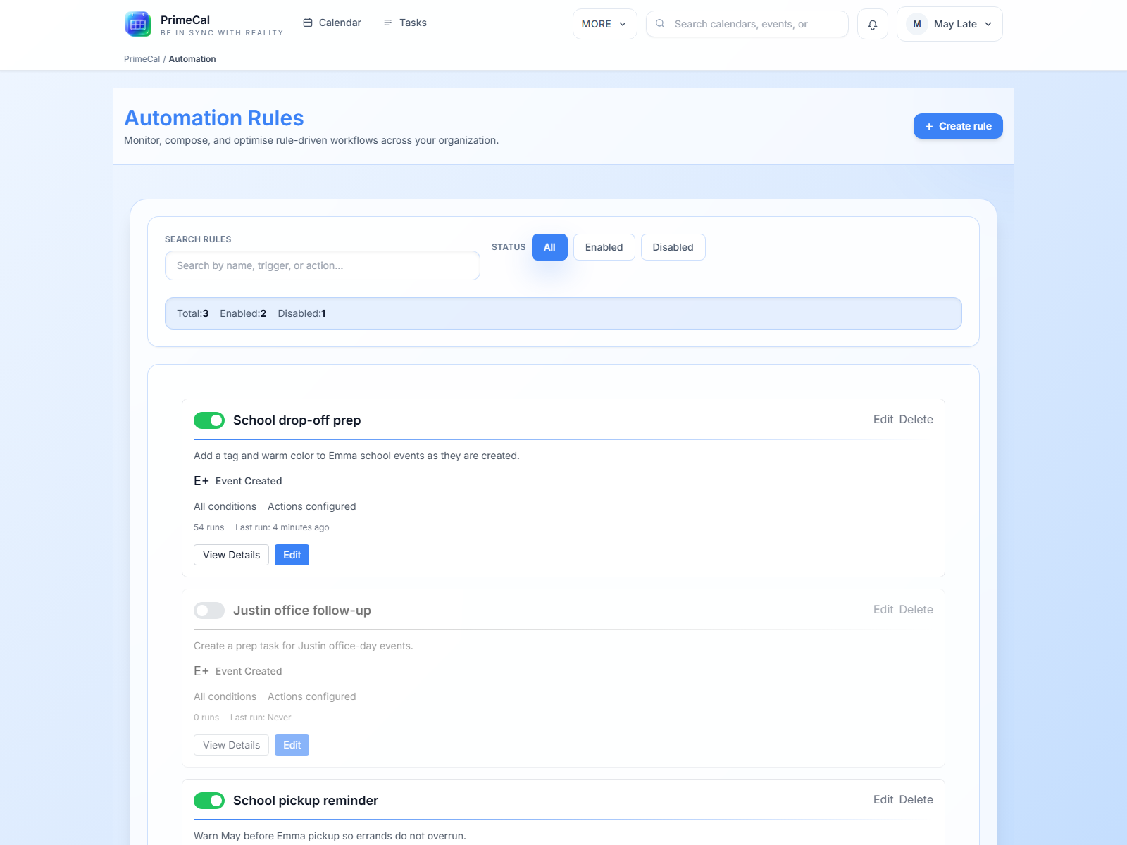 PrimeCal automation overview with realistic rule list