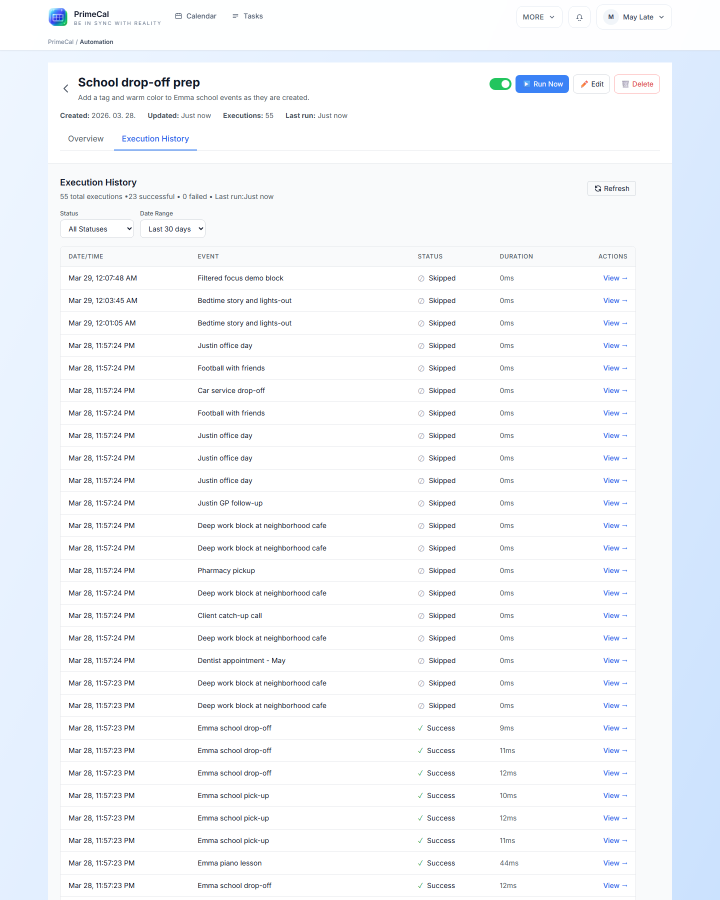 Automation execution history with successful and skipped runs