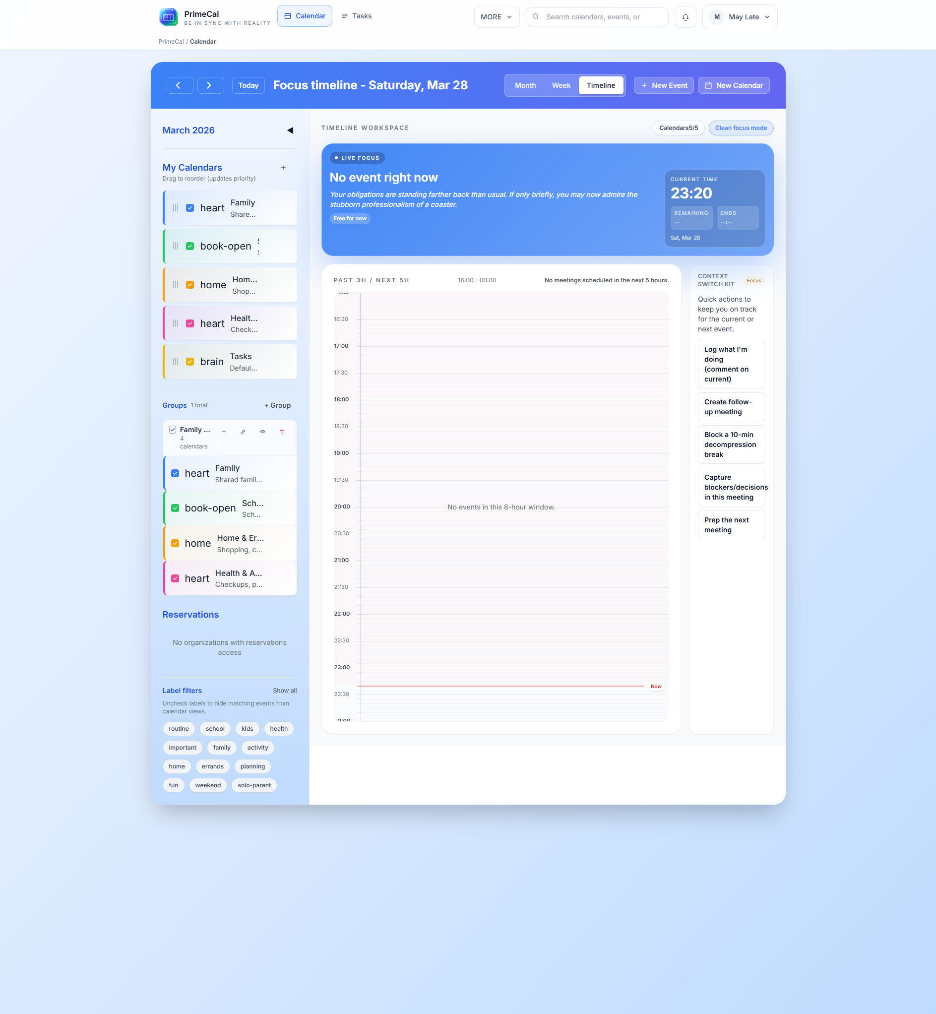PrimeCal calendar sidebar with family groups and multiple calendars