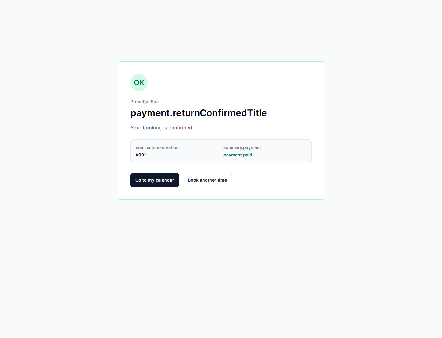 Payment confirmation page with calendar and new reservation actions