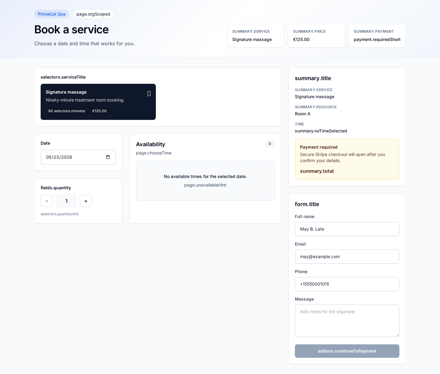 Public booking form prefilled with known customer details