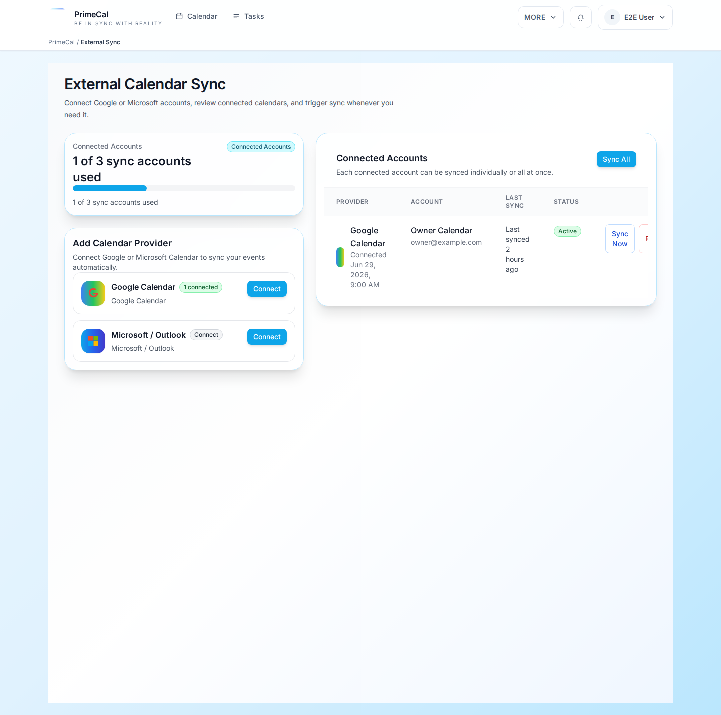 PrimeCal external sync overview page