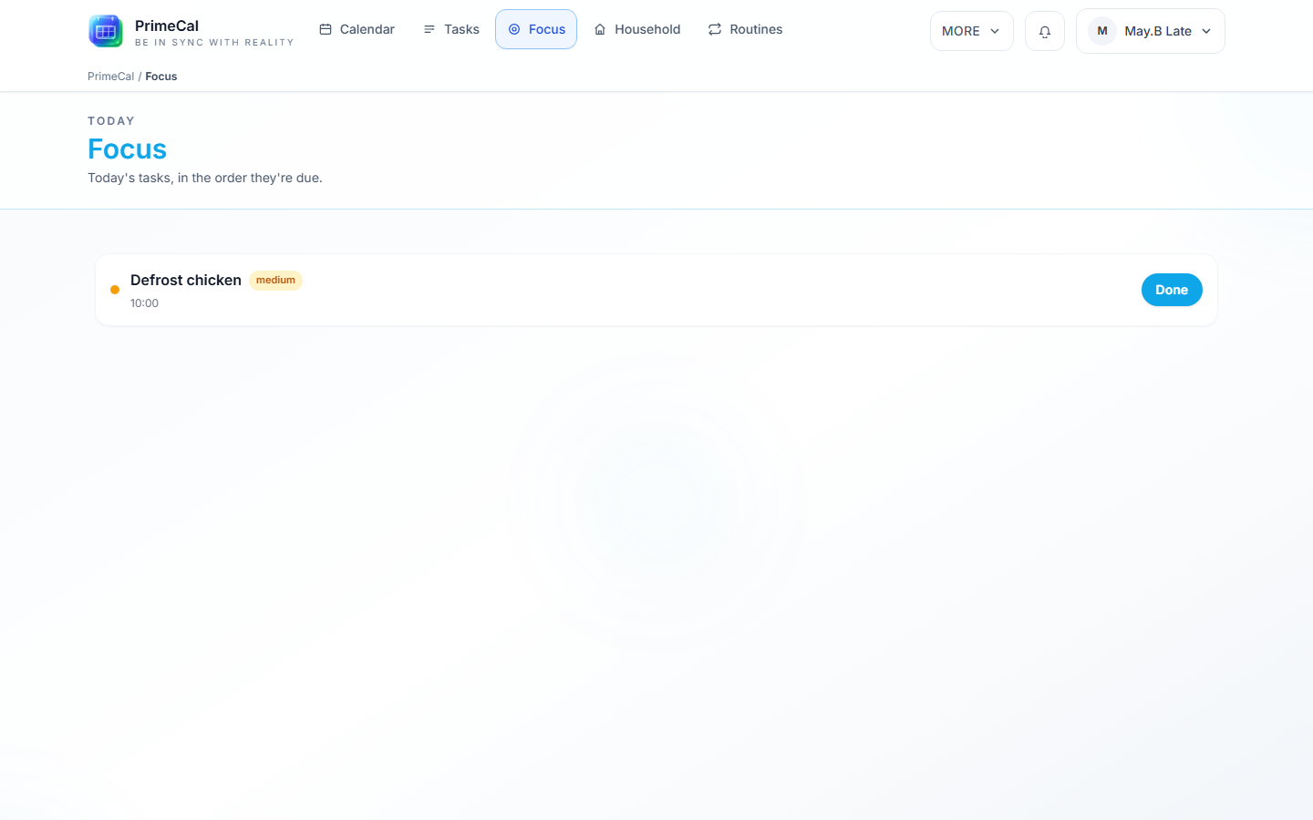 Focus tab showing today's schedule-ordered task list