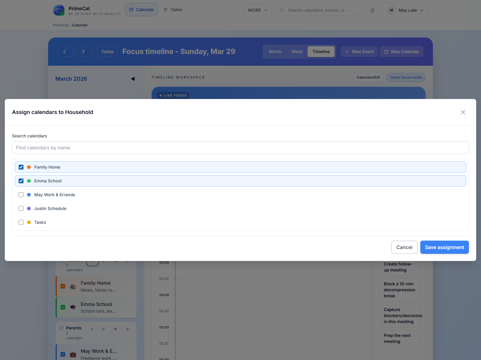 PrimeCal group assignment modal with calendar selection