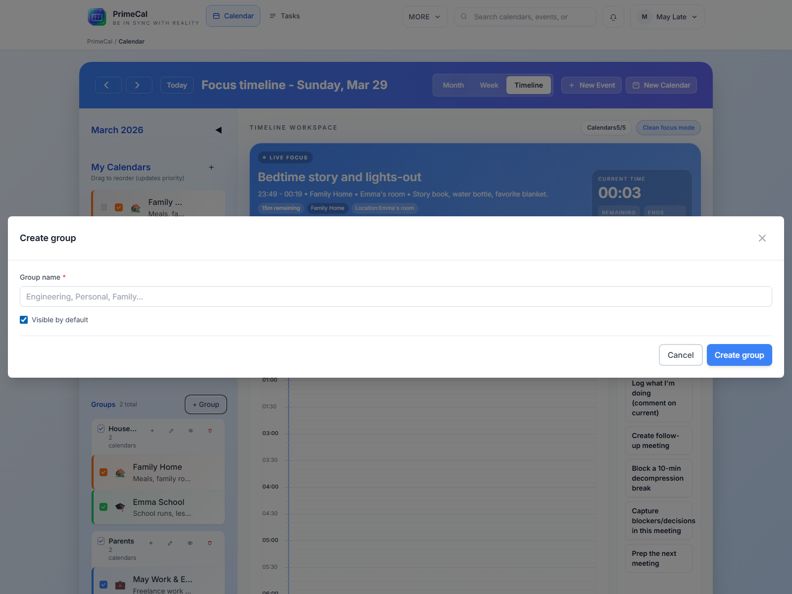 PrimeCal create calendar group modal