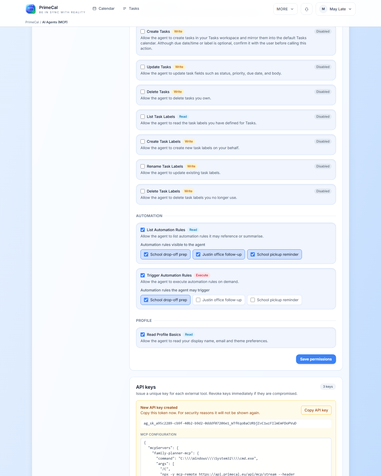 PrimeCal agent API key creation panel