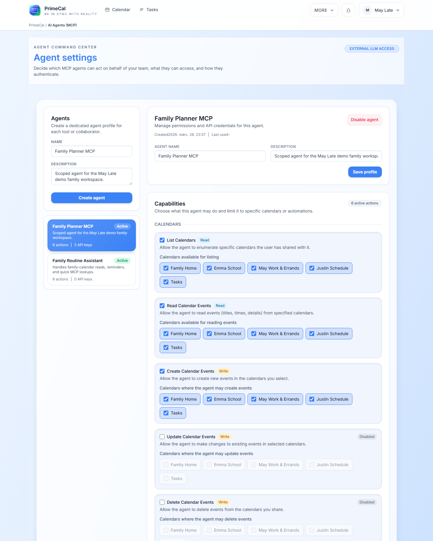 PrimeCal scoped permission editor for AI agents