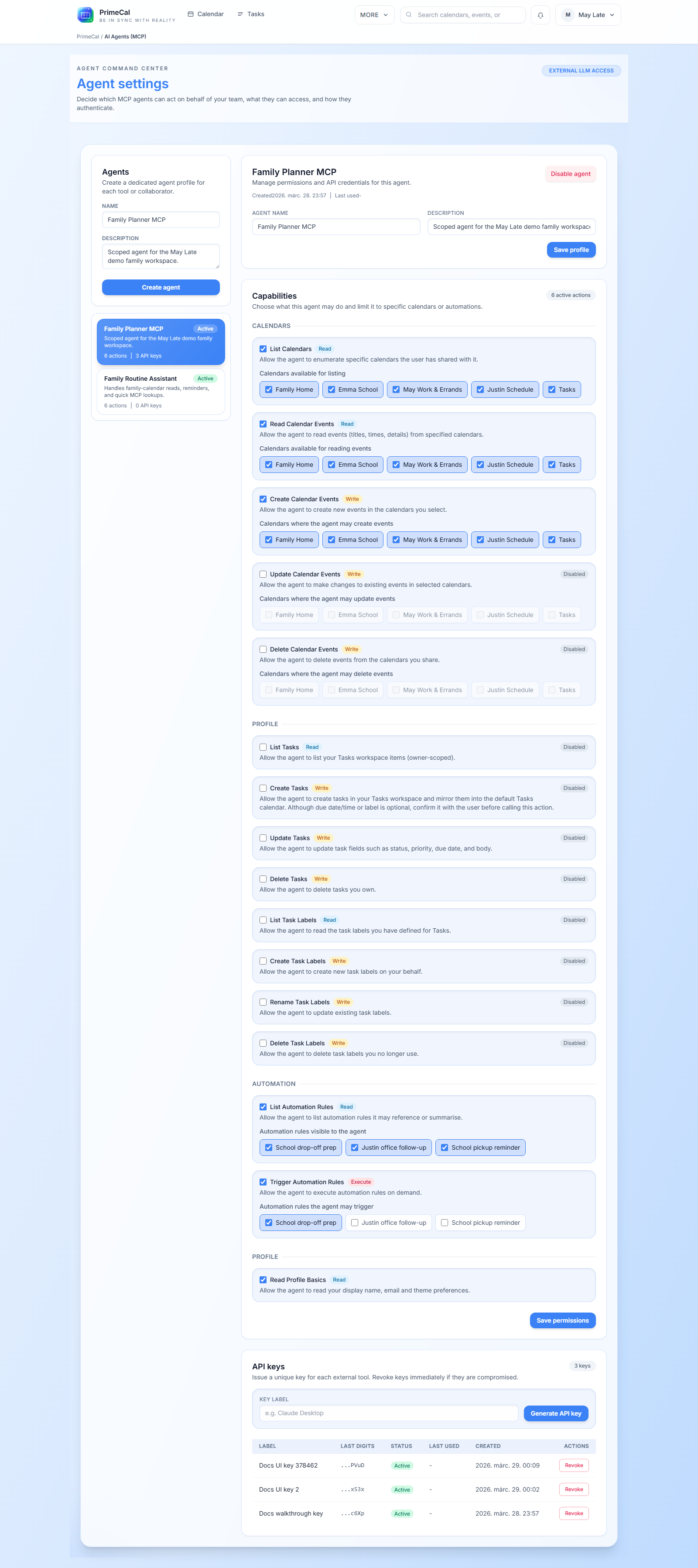 PrimeCal AI Agent settings area used to configure agent profiles, permissions, and API keys