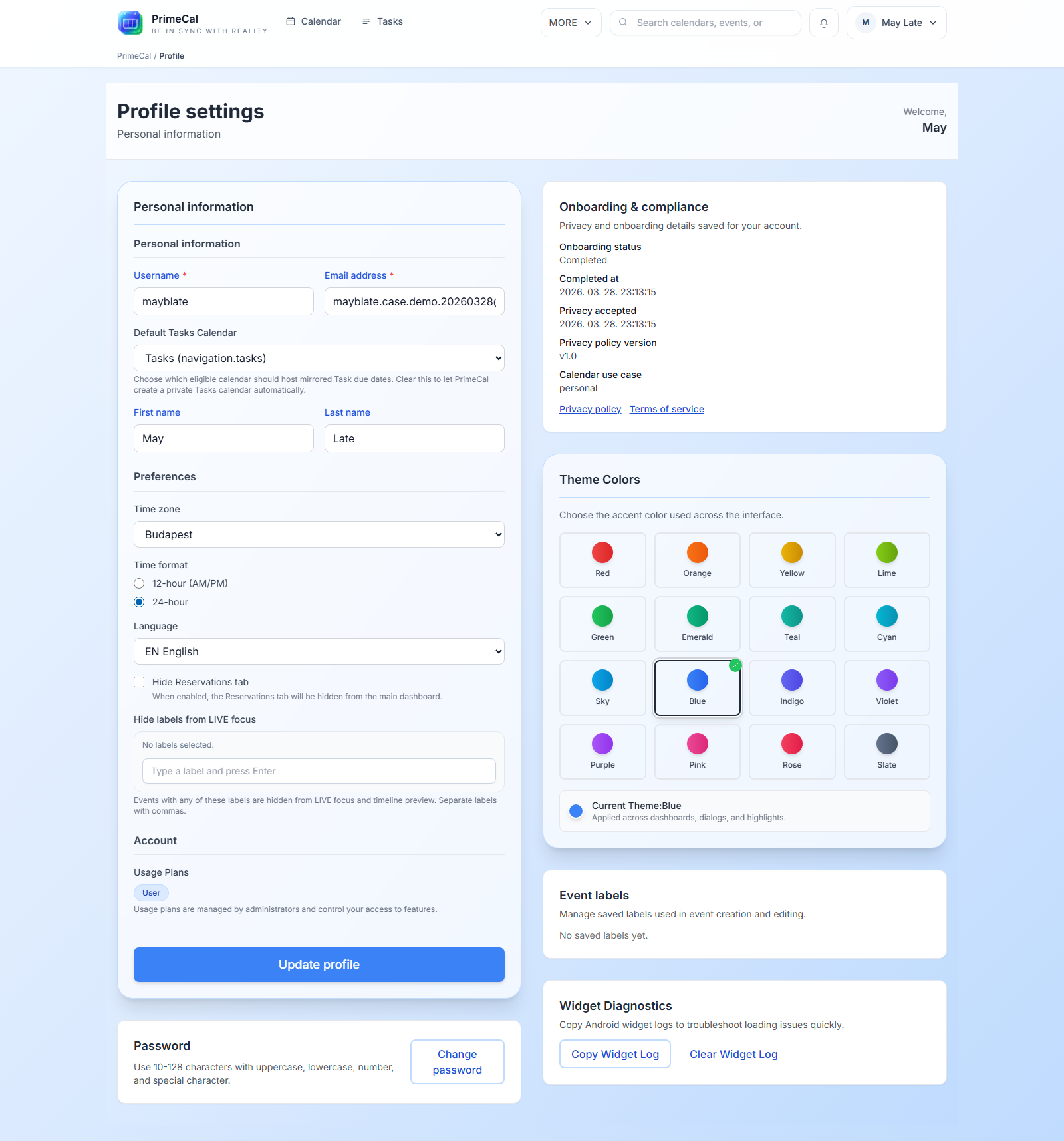 PrimeCal profile page showing timezone, theme, and format settings used in MCP demos