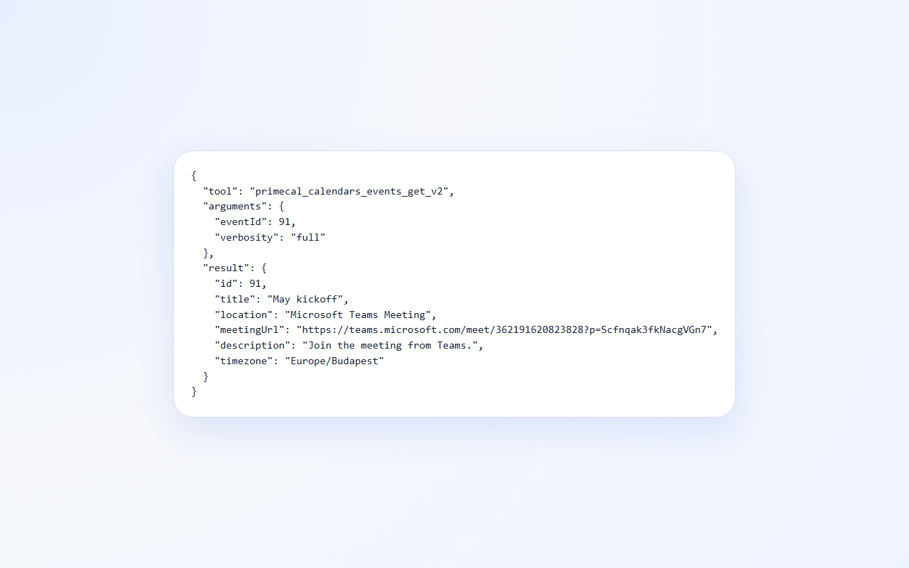 Chrome MCP event detail response with meetingUrl