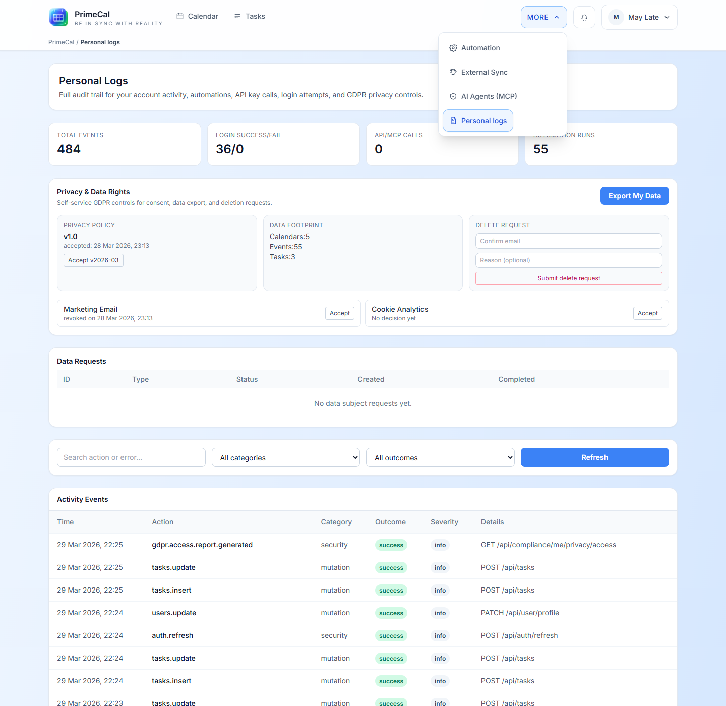 PrimeCal More menu showing Automation, External Sync, AI Agents, and Personal logs