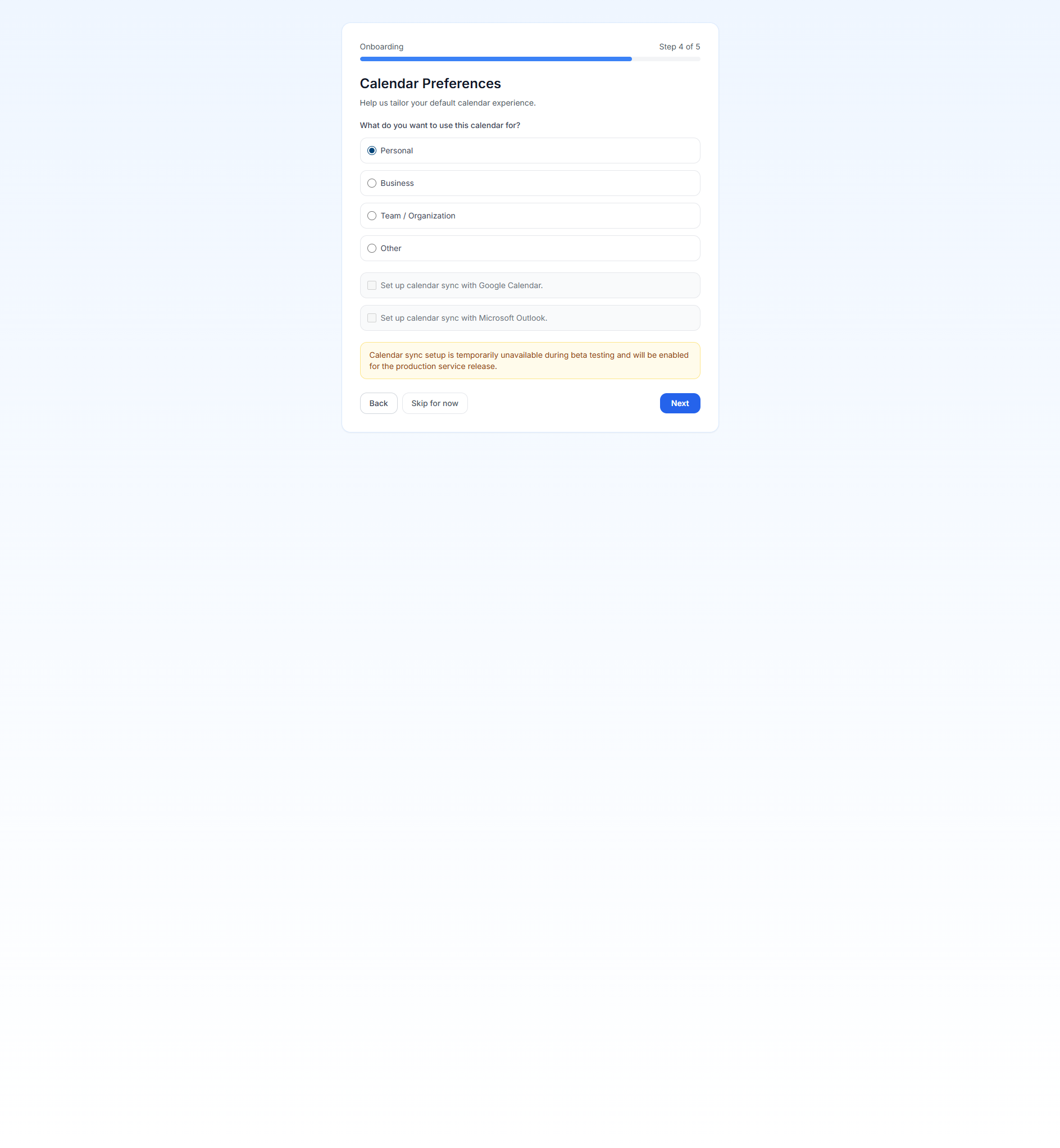 Onboarding calendar preferences step