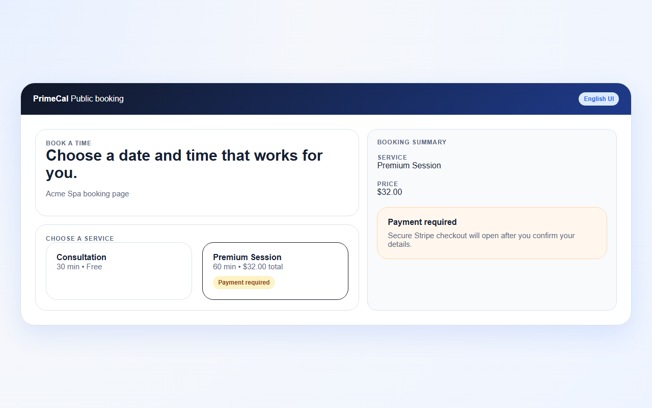 English public booking service selection