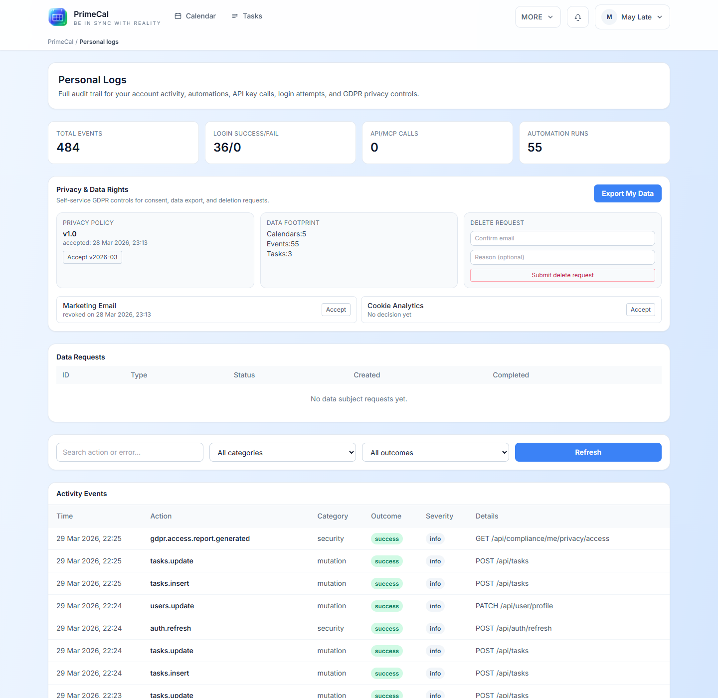 PrimeCal personal logs overview page