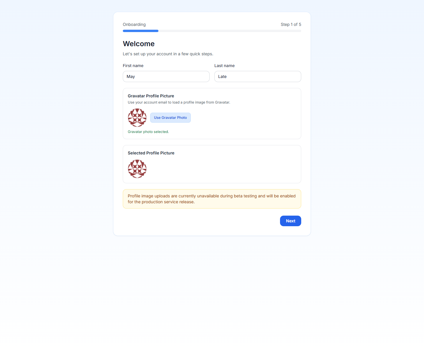 PrimeCal onboarding welcome step with profile fields
