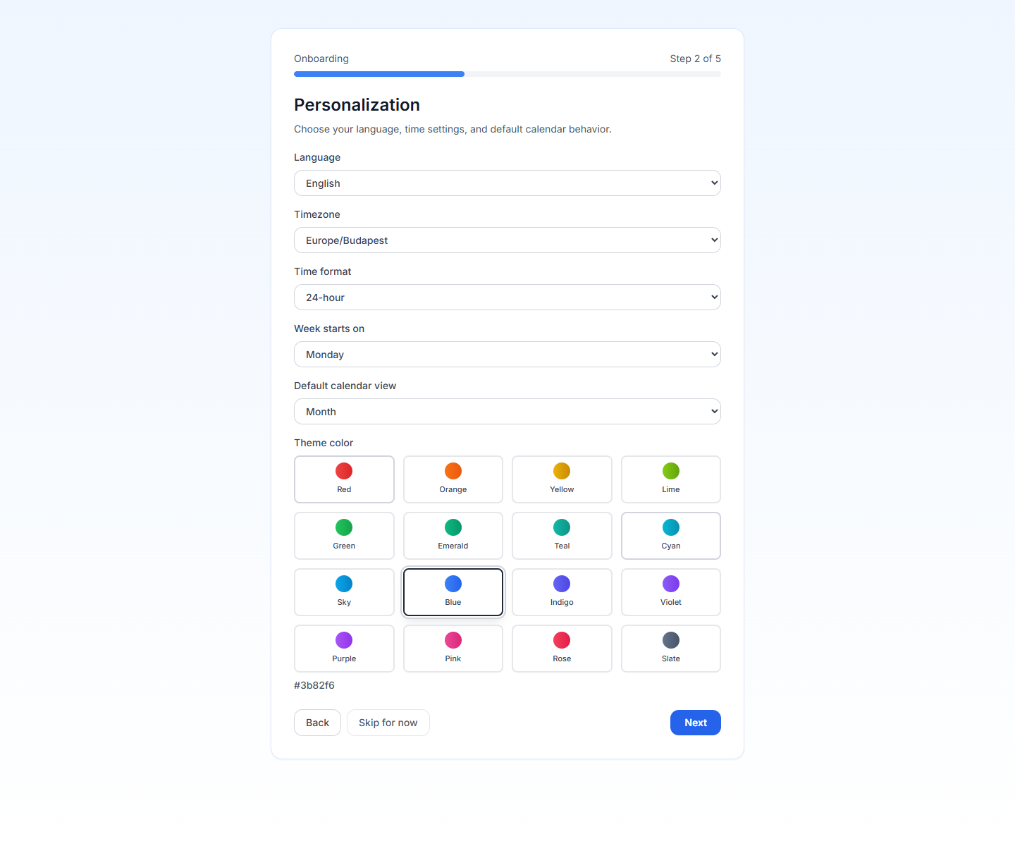 PrimeCal personalization step with language, timezone, time format, week start, and theme