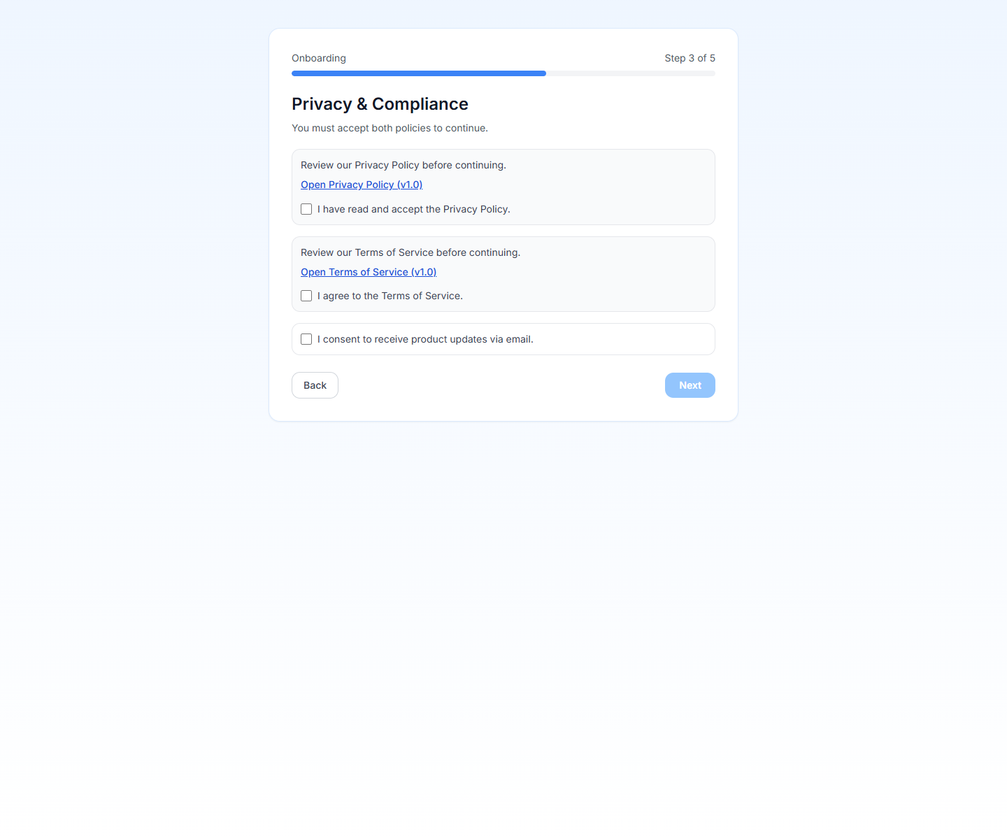 PrimeCal compliance step with required privacy and terms checkboxes