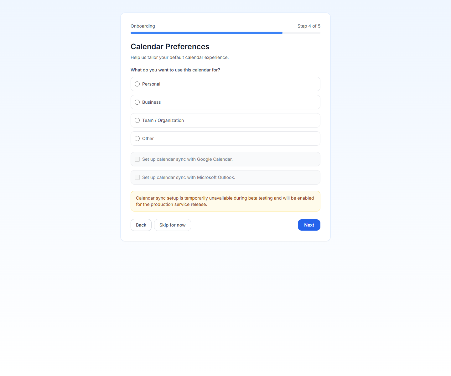 PrimeCal calendar preferences step with use case and sync choices