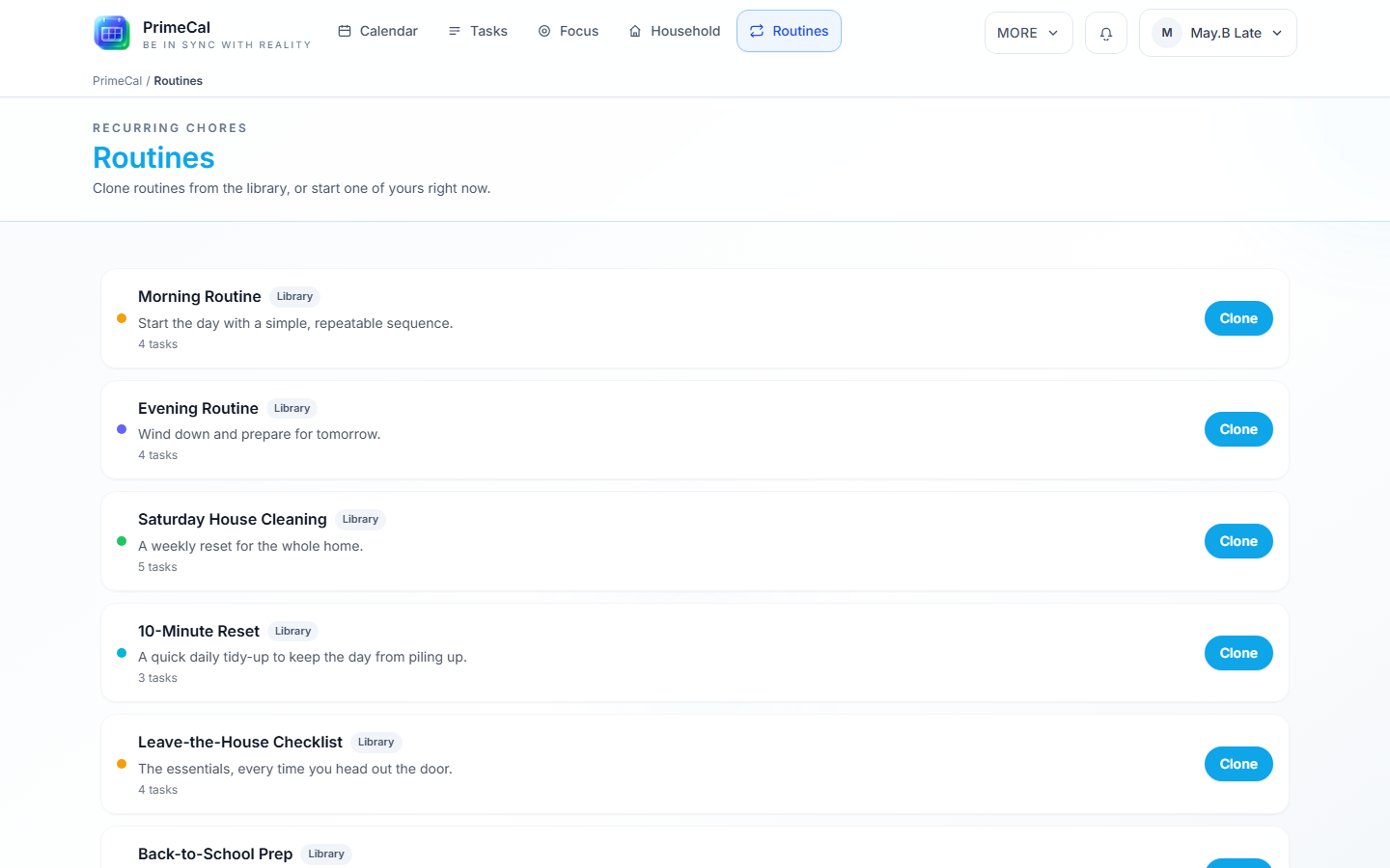 Routines panel showing library templates with Clone and cloned templates with Start now