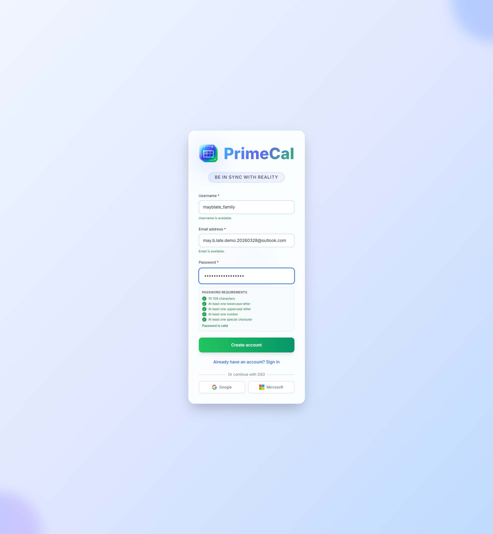 PrimeCal filled registration form before submission