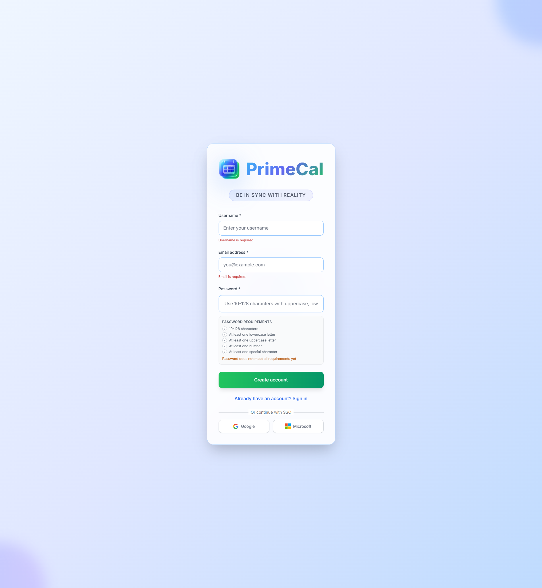 PrimeCal sign-up form before entering details