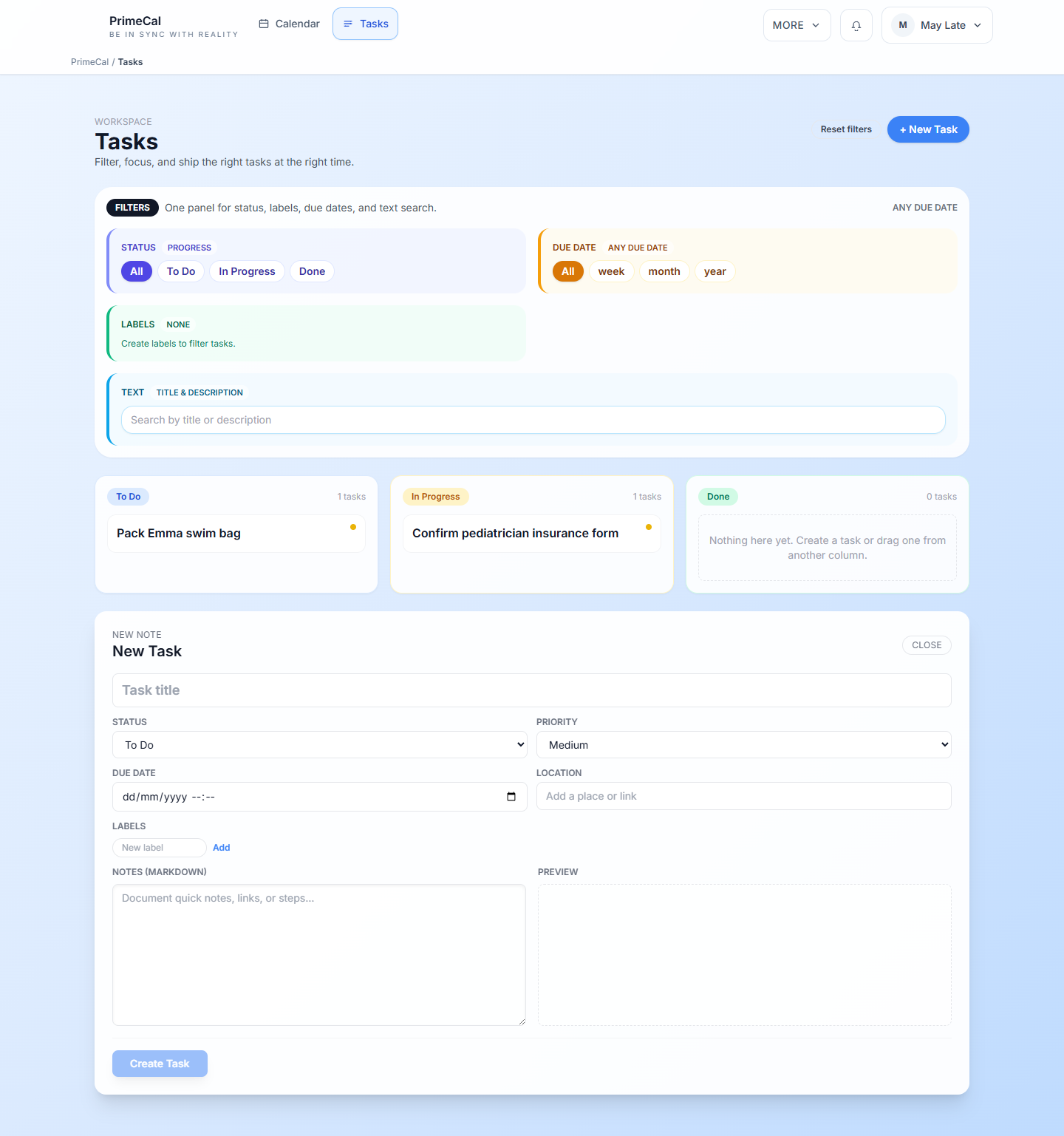 PrimeCal task quick-create and composer view