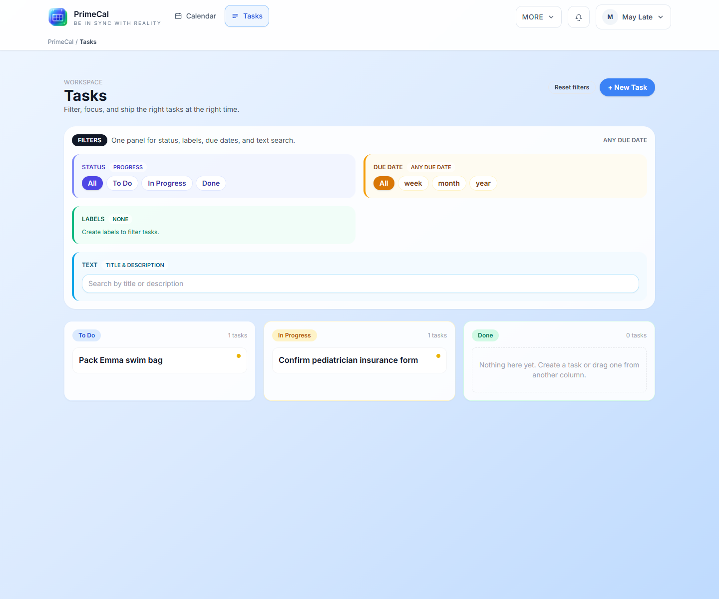 PrimeCal tasks workspace with a realistic family task board