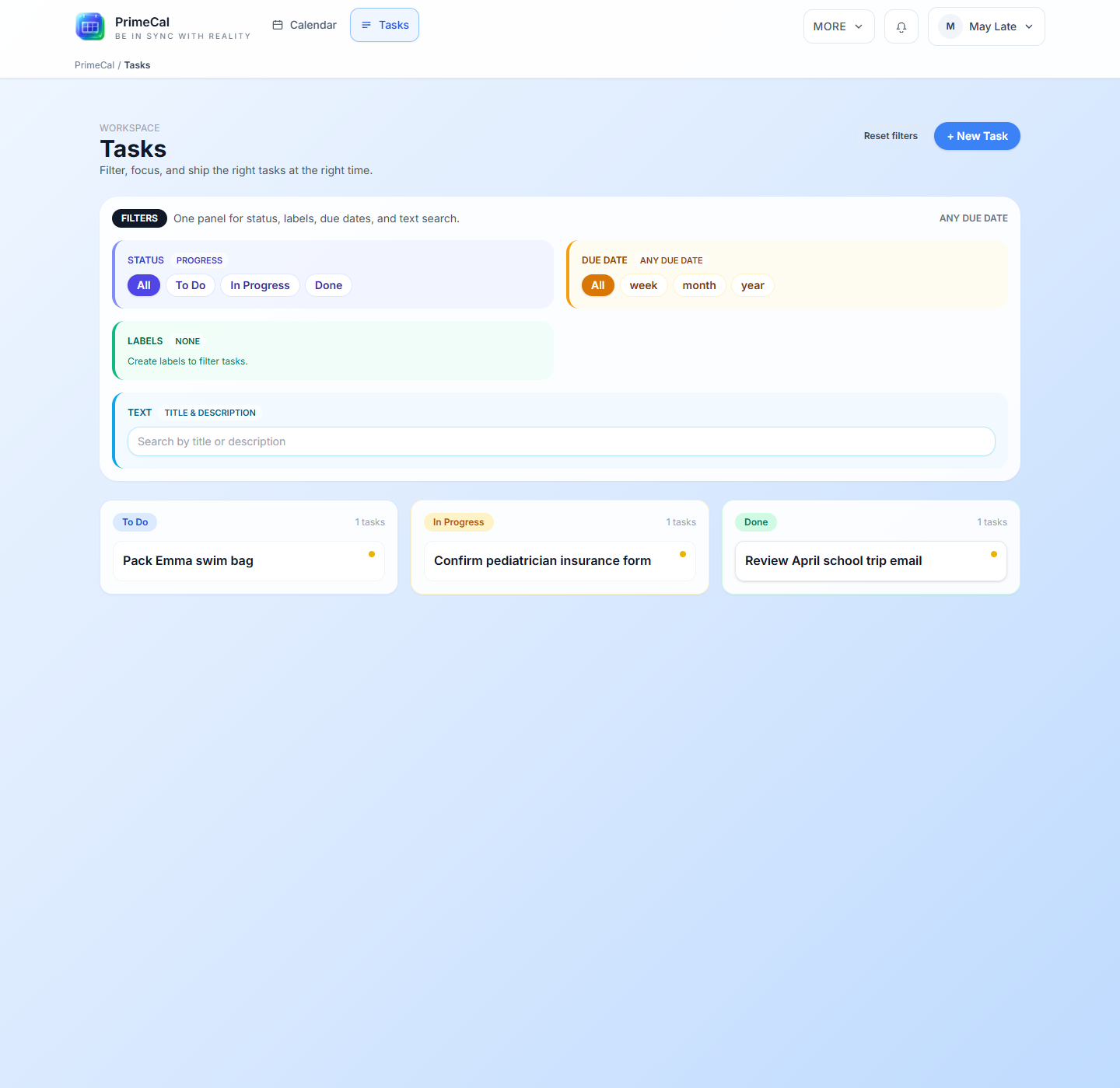 PrimeCal tasks workspace with family task board and labels
