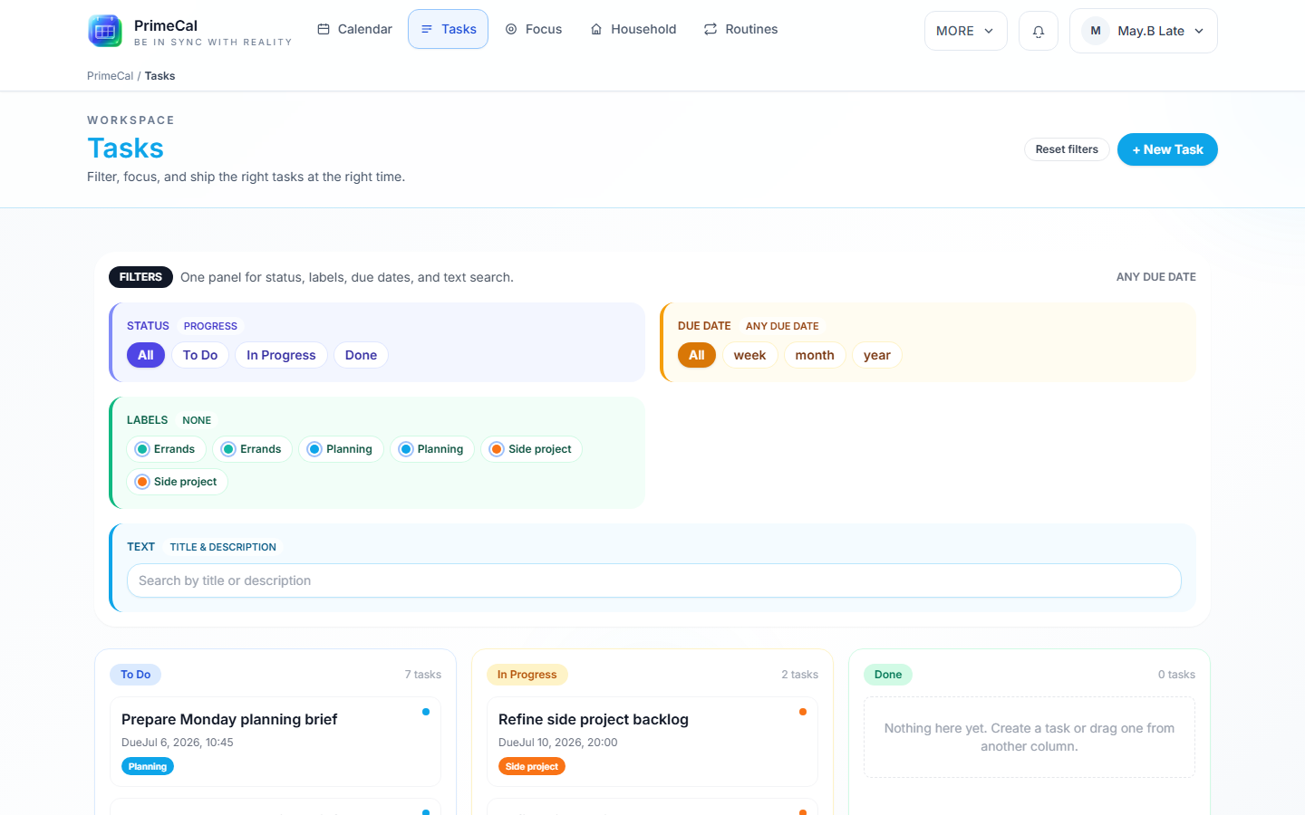 PrimeCal tasks workspace with the unified Board/Focus/Routines hub