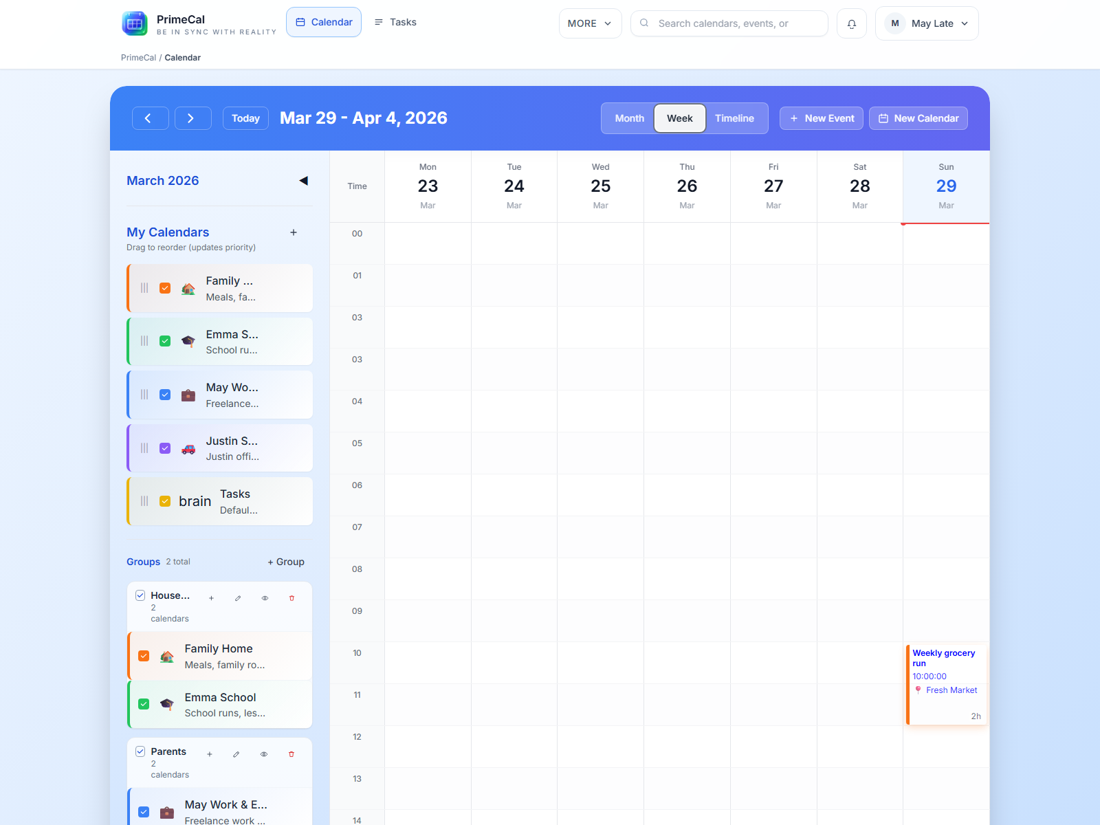 PrimeCal busy family schedule in Week view