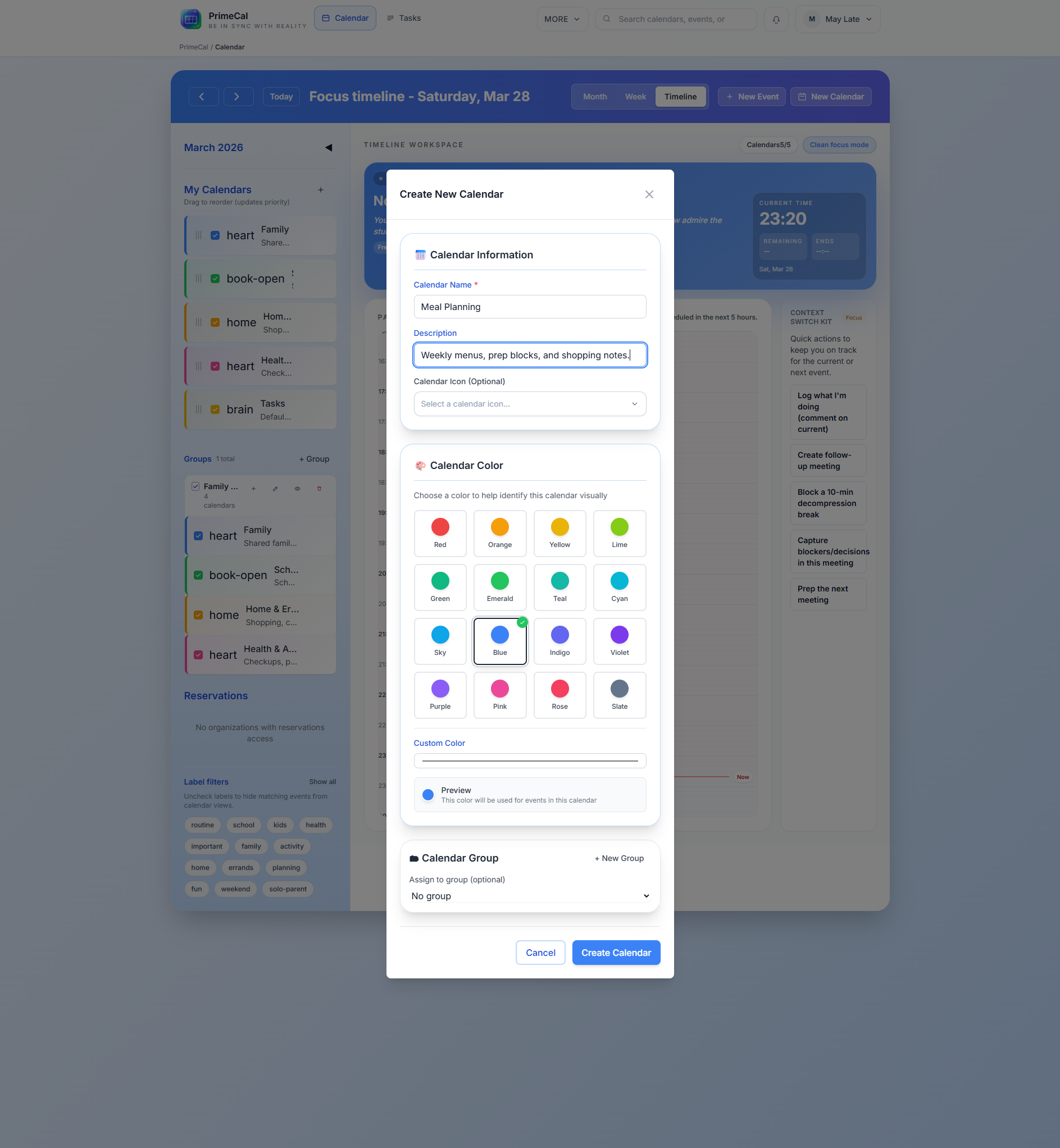 PrimeCal create calendar dialog