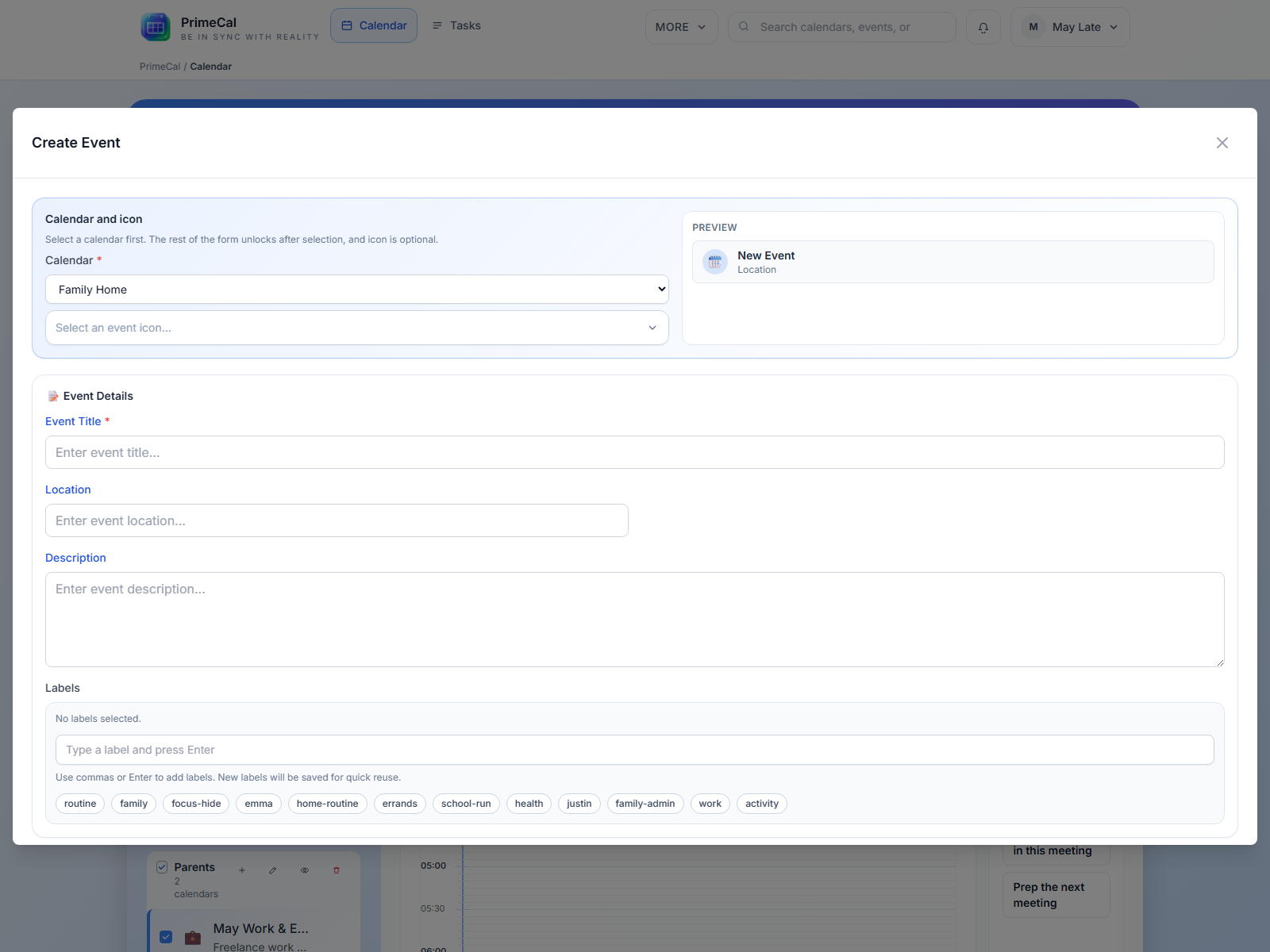 PrimeCal create event modal