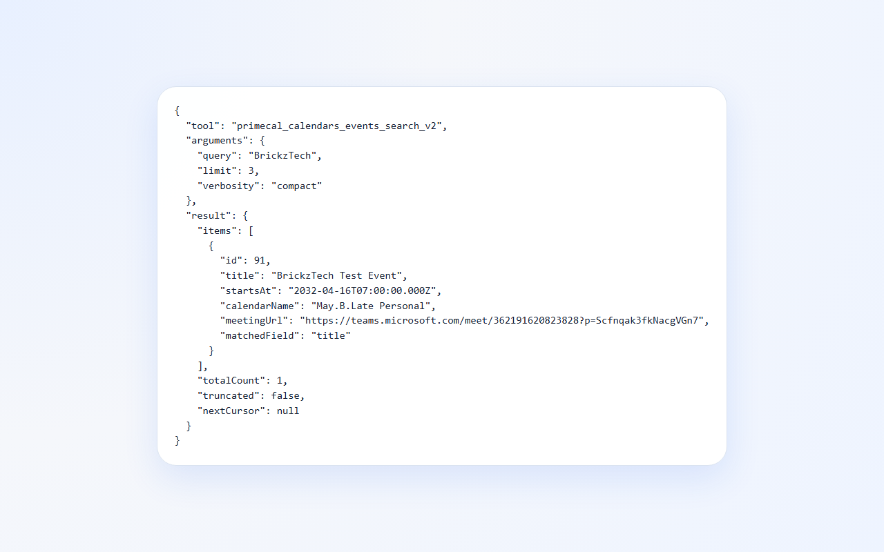 Chrome MCP event search response with a meeting URL