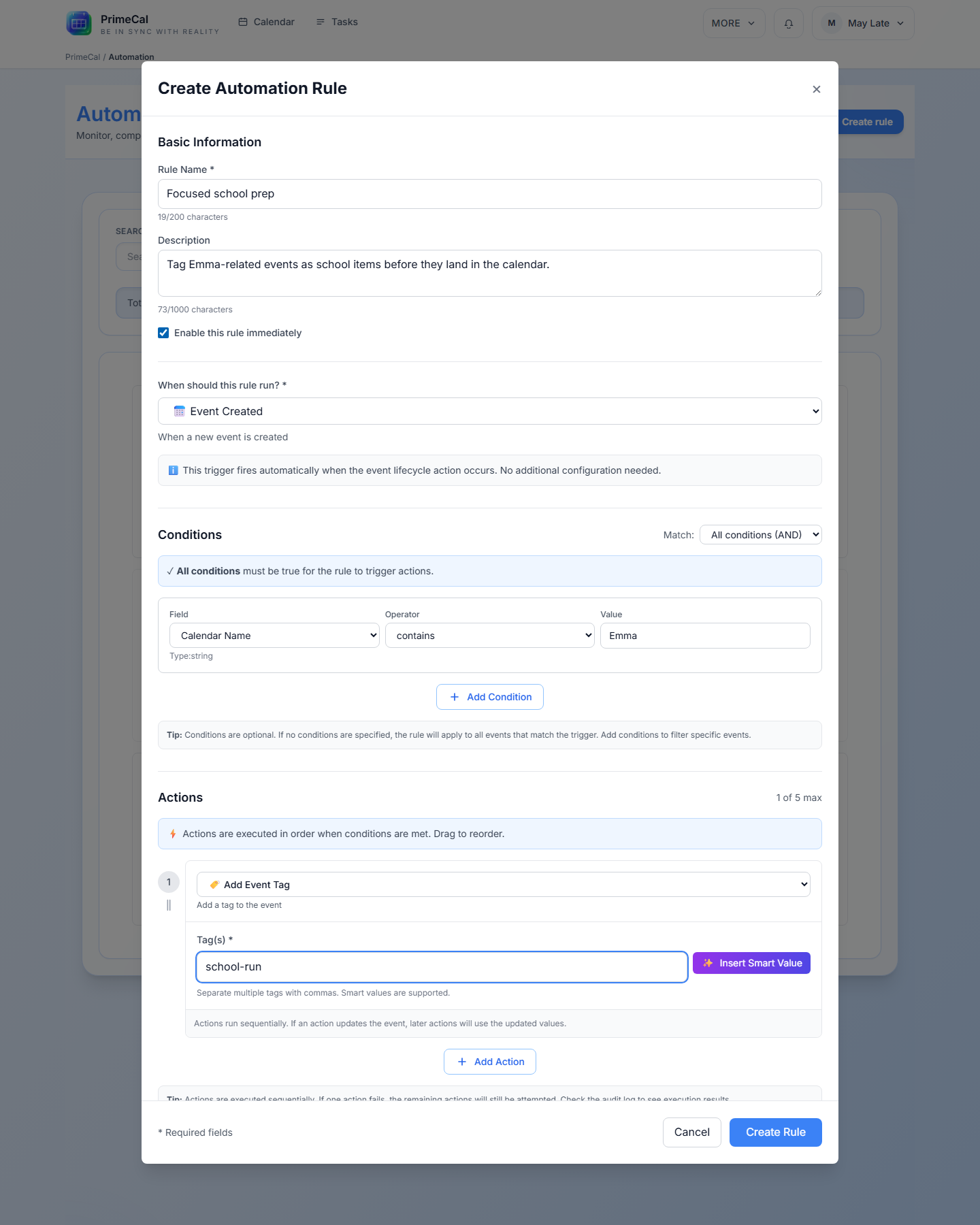 Pile de générateur d'actions dans le modal d'automatisation PrimeCal