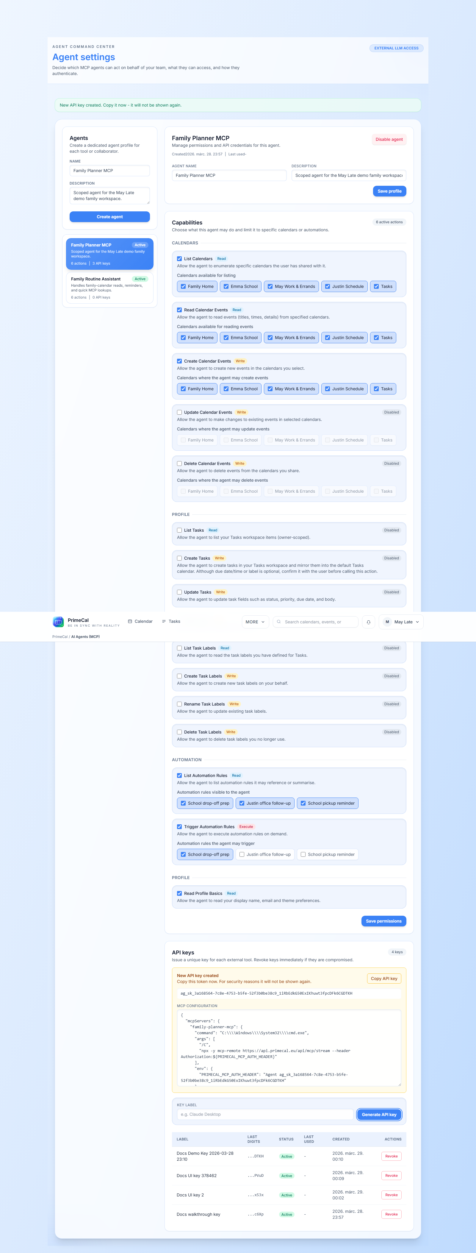 PrimeCal a généré une configuration MCP pour l'agent sélectionné