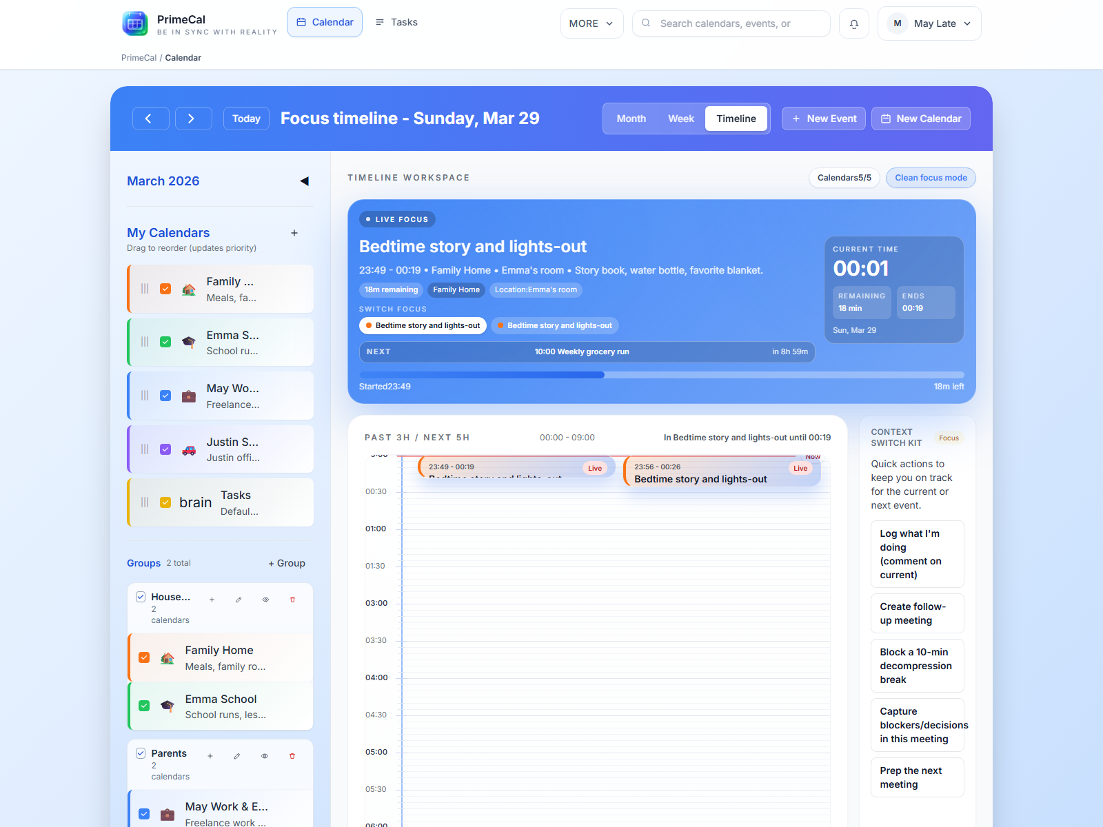 PrimeCal barre latérale du calendrier avec groupes et calendriers groupés