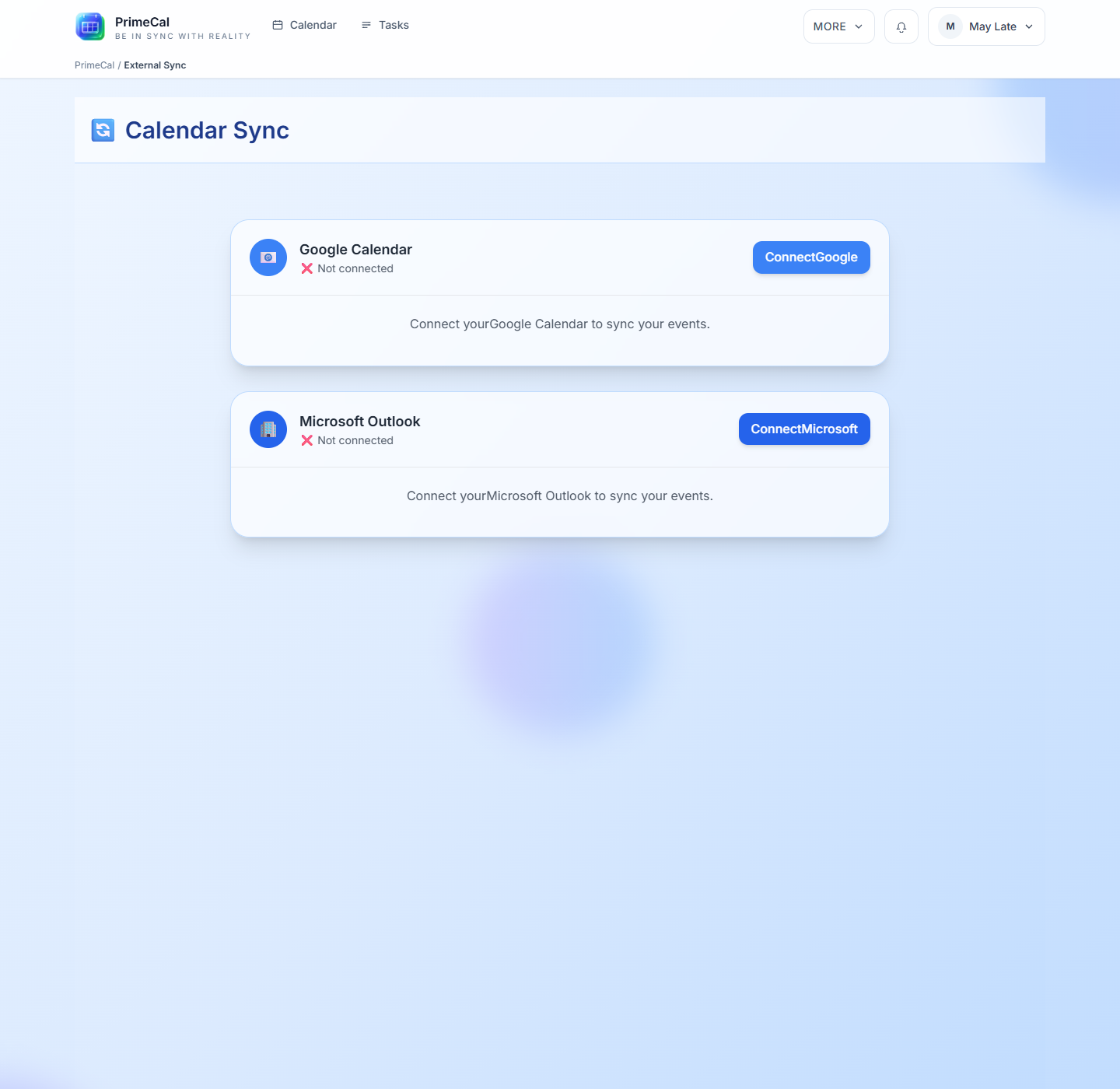 PrimeCal page de présentation de la synchronisation externe