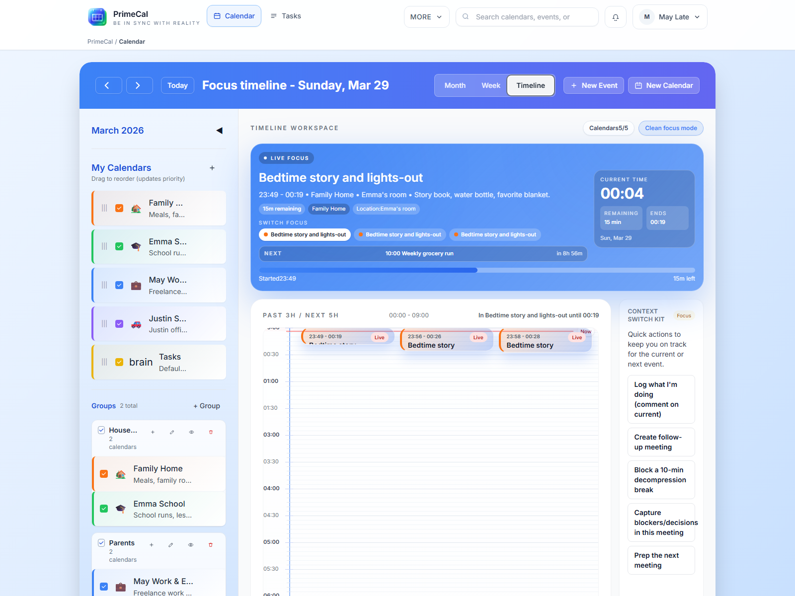 PrimeCal Vue focus avec le planning familial en direct