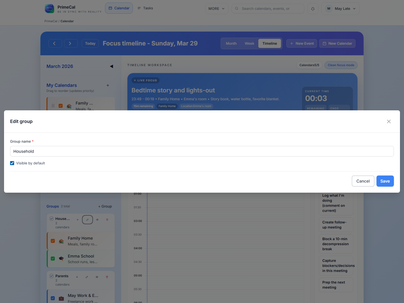 PrimeCal renommer le groupe de calendrier modal