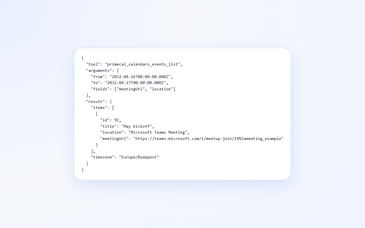 Chrome MCP event list response with meetingUrl