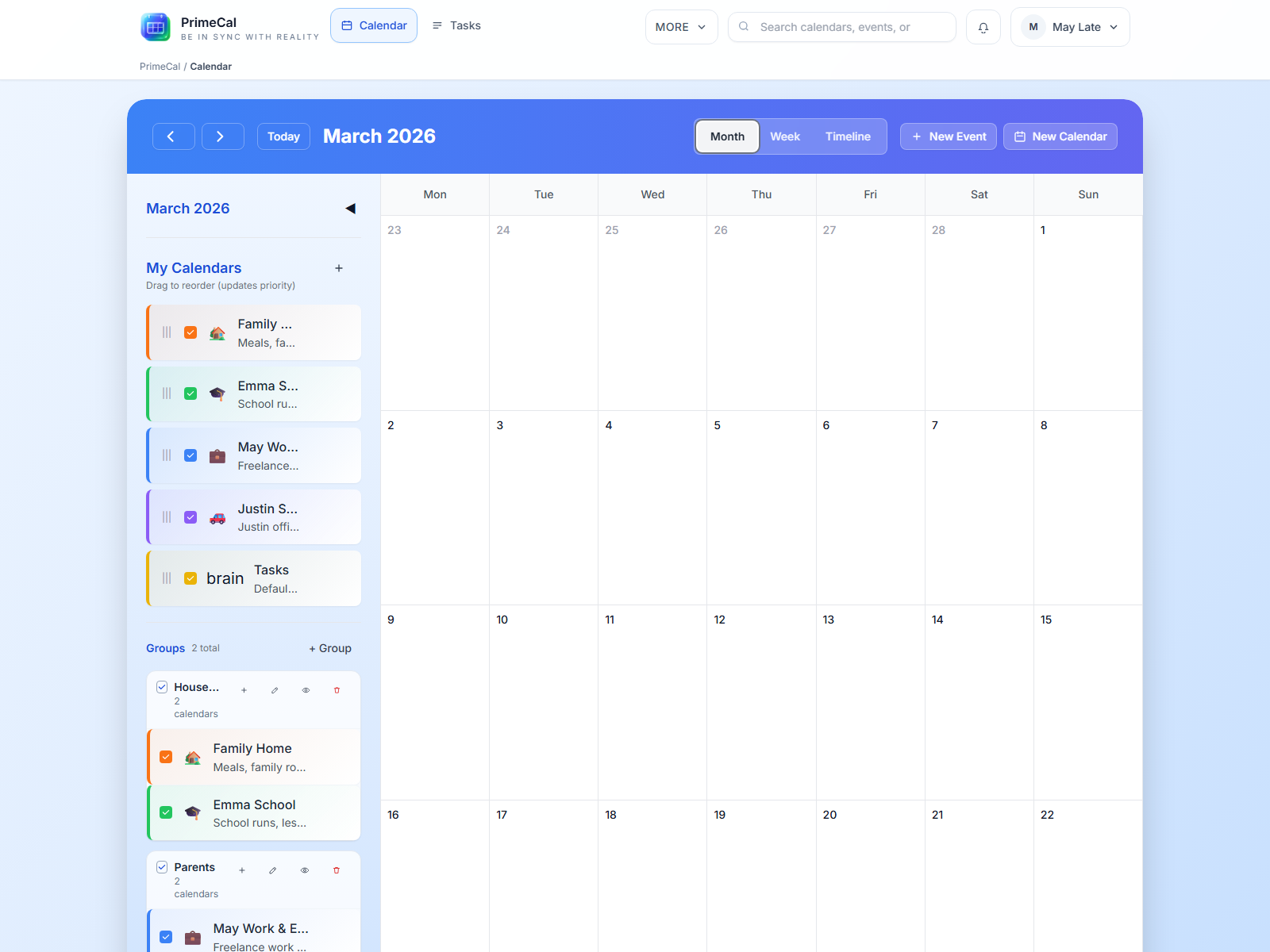 PrimeCal calendrier familial dans la vue Mois après la création des événements