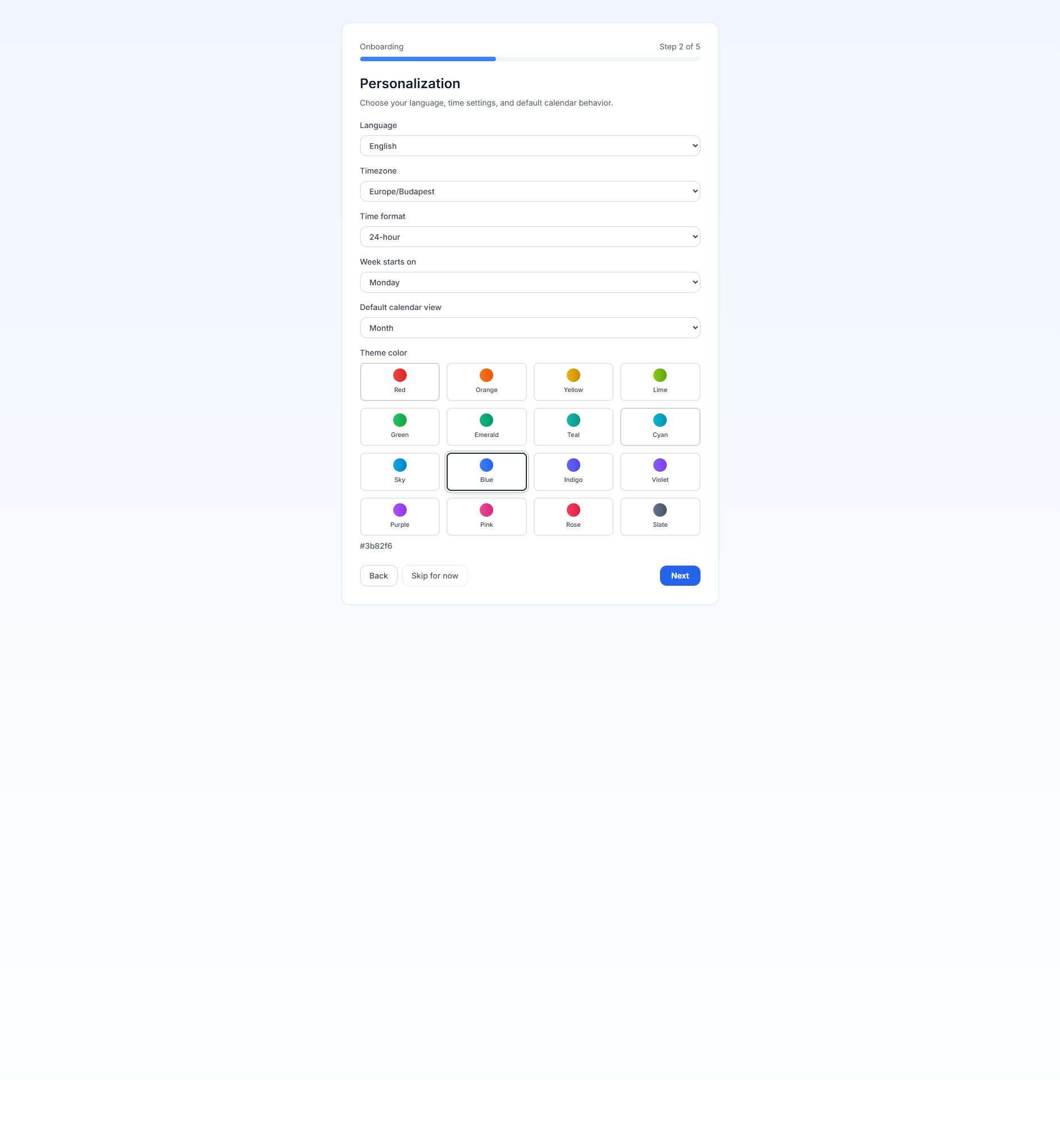 PrimeCal onboarding personalization step