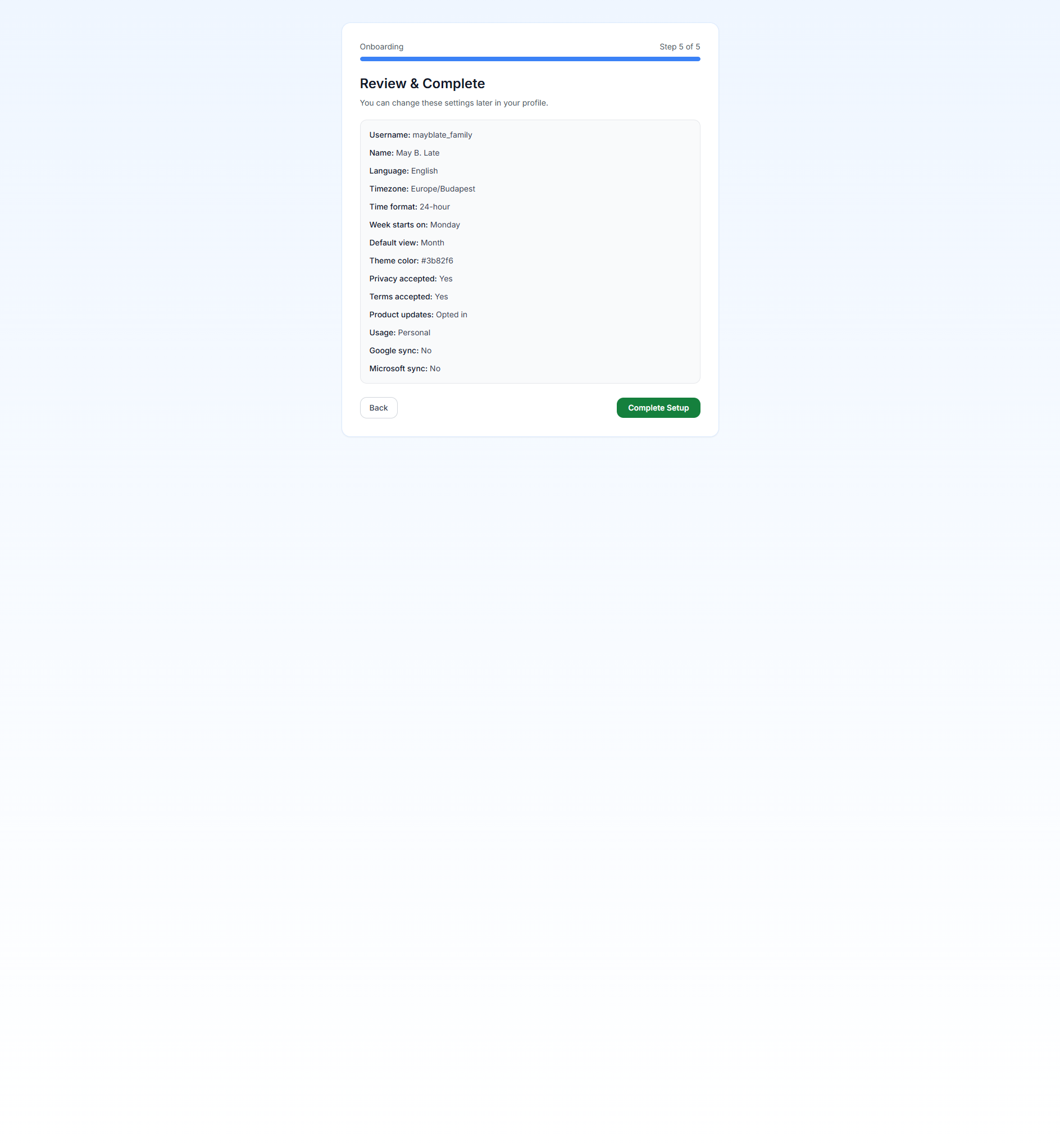 PrimeCal étape de révision de l'intégration avant de terminer la configuration
