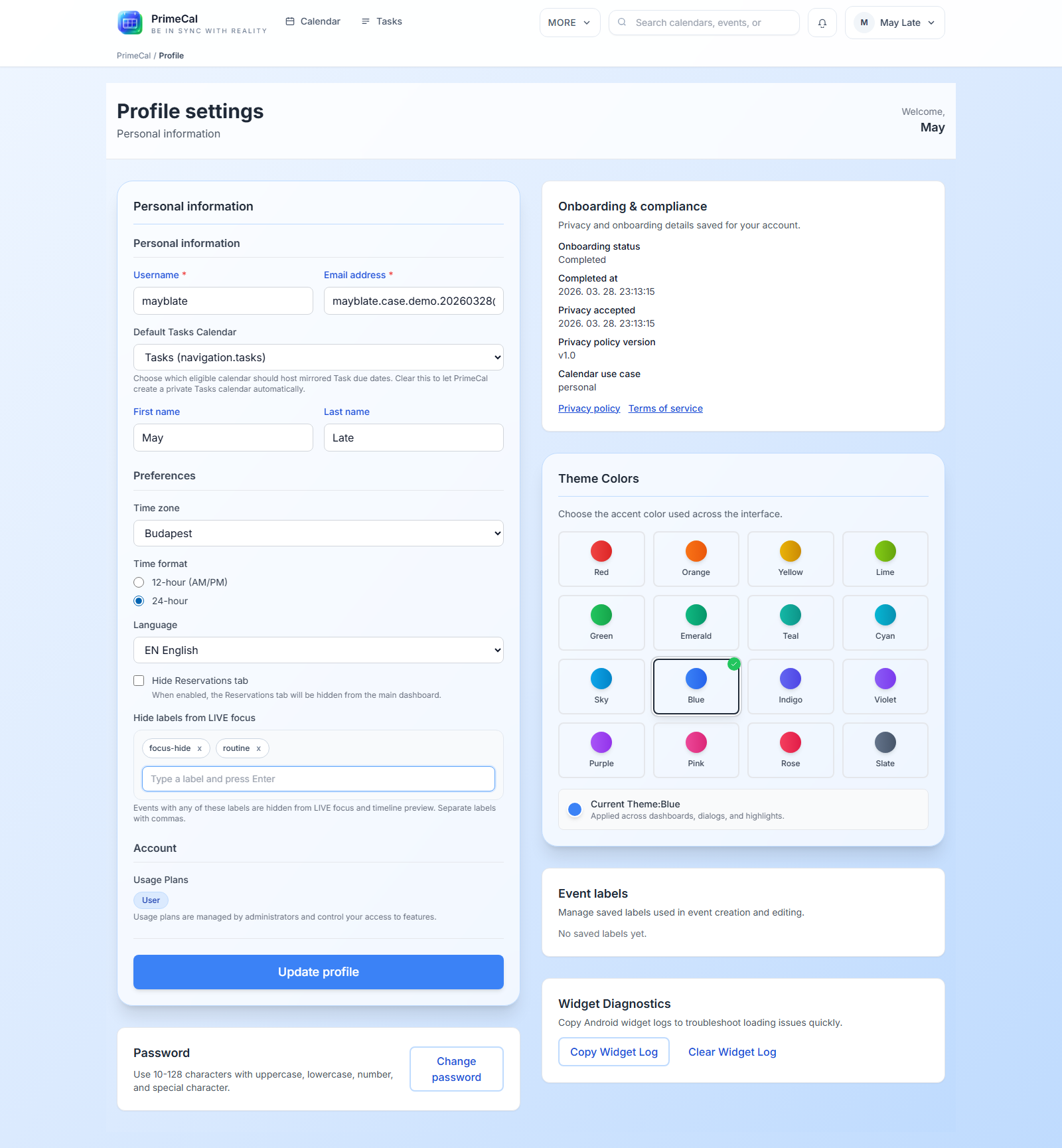 Page de profil PrimeCal avec filtres d'étiquettes Focus configurés