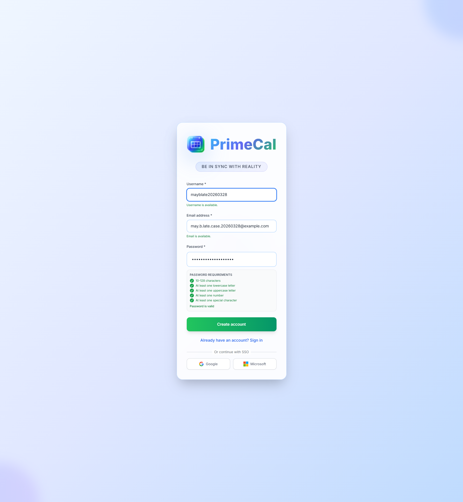PrimeCal registration form