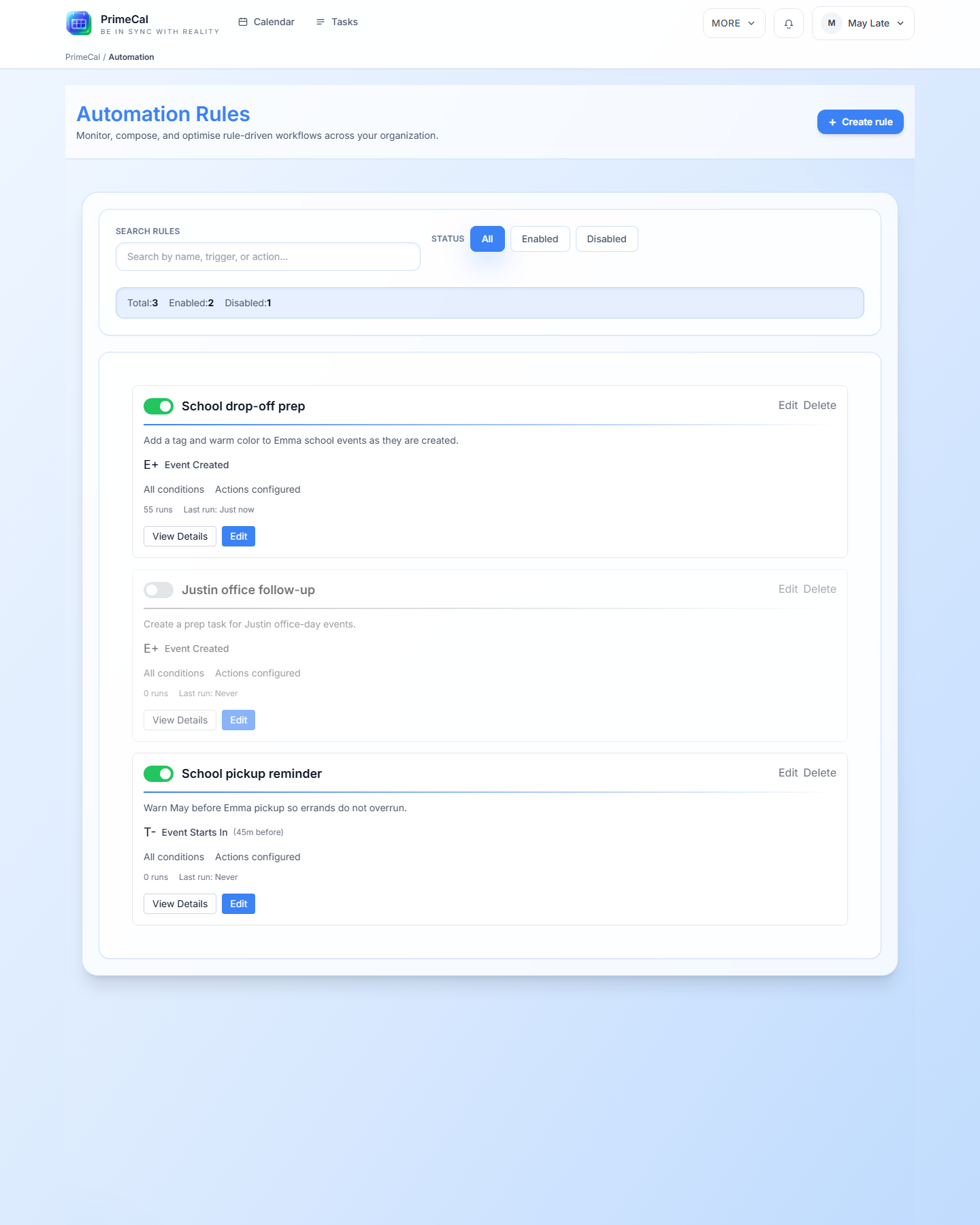 PrimeCal automatizálási szabályok listája szűrőkkel és reális családi példákkal